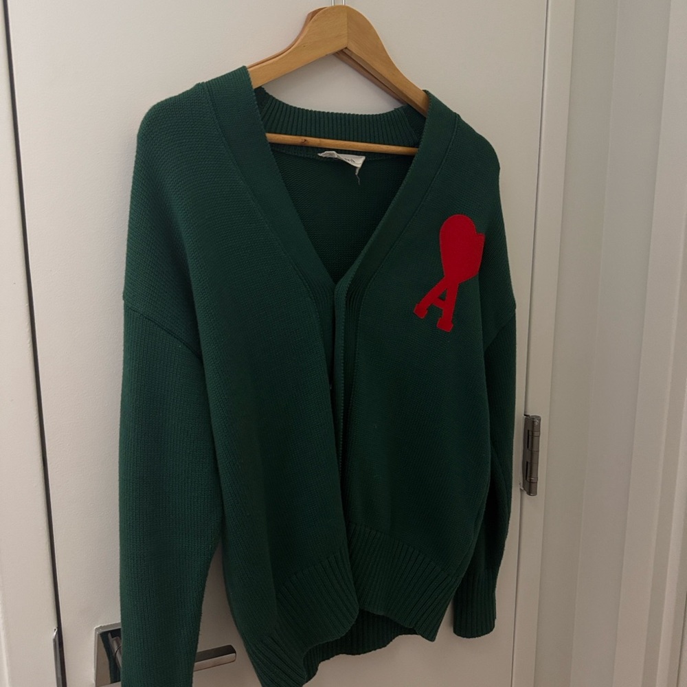 Ami Green and Red Cardigan with V-Neck Design